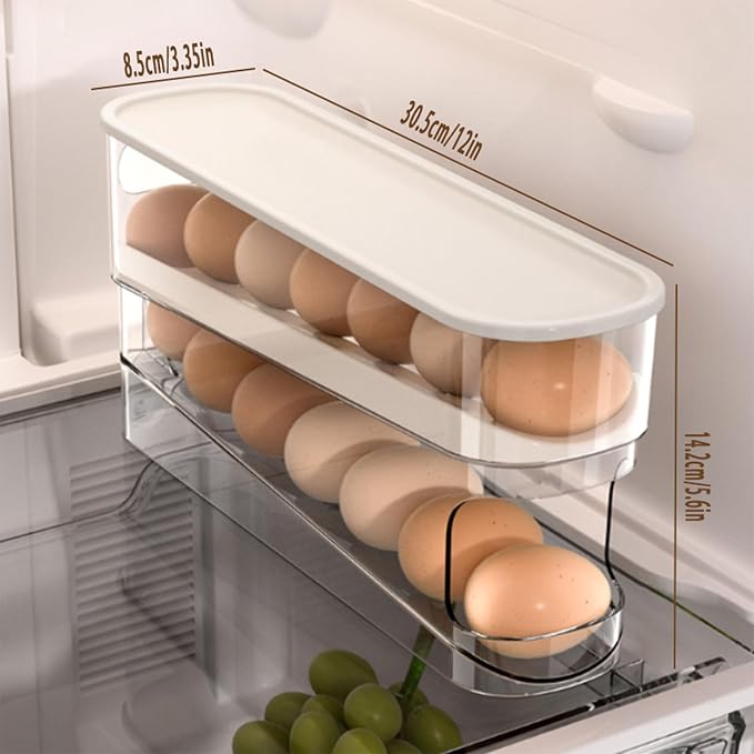 WACOI Auto Rolling Fridge Egg Organizer, Space Saving Eggs Dispenser for Refrigerator Storager with Lid,Egg Holder for Fridge 2 Pack - Image 4