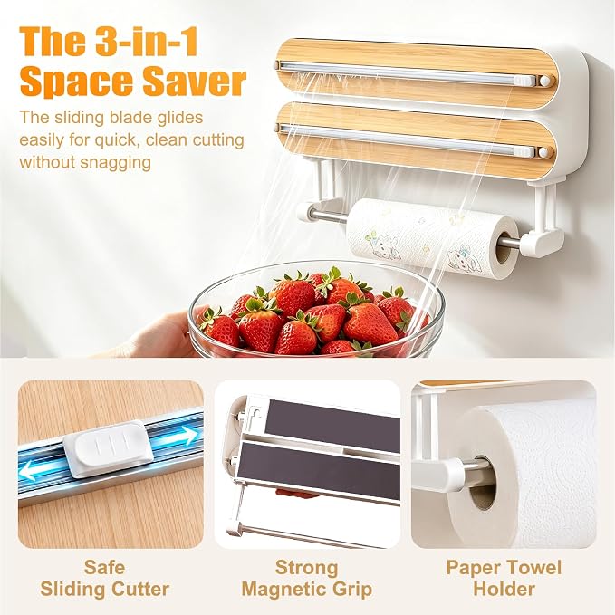 3 in 1 Plastic Wrap Dispenser with Cutter,Wooden Aluminum Foil Organizer | Magnetic Holder with Kitchen Towel Holder, Wall Mount Kitchen Wrap Dispenser for Pantry and Kitchen Cabinet - Image 5