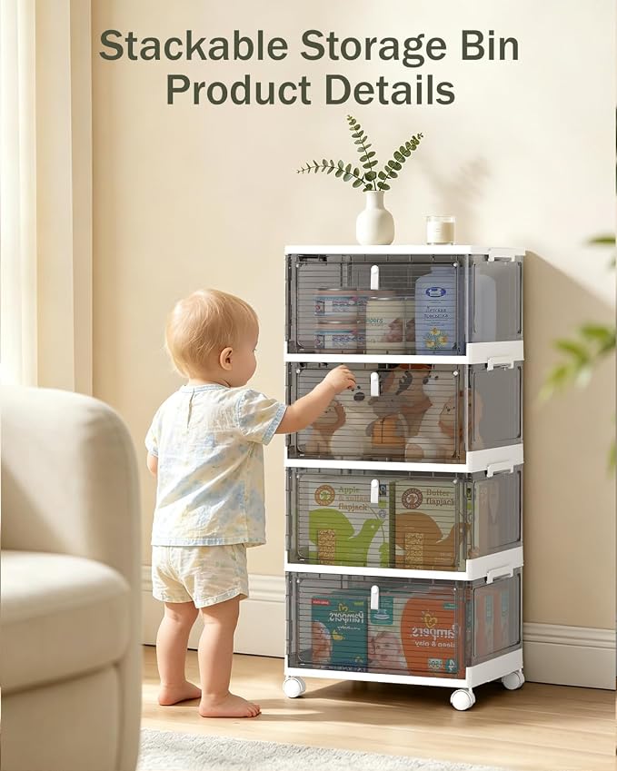 23QT Stackable Storage Bins with Lids and Wheels, 4 Tier 92QT Foldable Plastic Storage Drawers with Magnetic Doors, 4 Pack Collapsible Closet Organizer for Bedroom Office, Clear Gray - Image 2