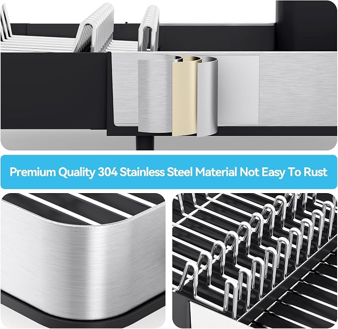 Urackify Stainless Steel Dish Drying Rack for Kitchen Counter,Black | Extends to 20.67'',Expandable & Foldable,Rust-Resistant,Rotatable Drain Pipe & Utensil Holder,Dish Drainer For 2-4 People - Image 3