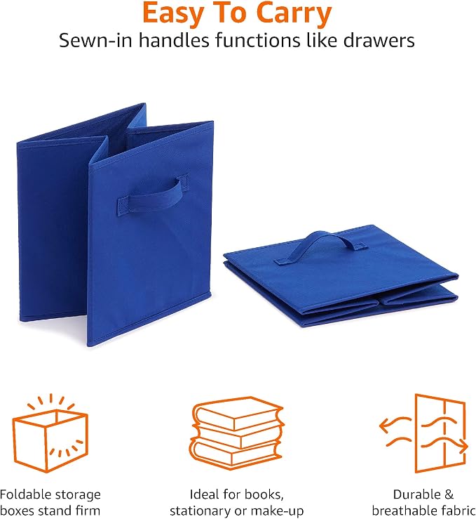 Amazon Basics Collapsible Fabric Storage Bins with Handles, Cube Organizer for Home Organization, 10.5"x10.5"x11", Navy, 6 Count (Pack of 5) - Image 4
