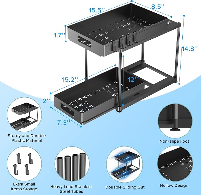 2 Pack Under Sink Organizer with Double Pull-Out Drawer, Black | 2-Tier Cabinet Storage, Kitchen & Bathroom, Tool-Free Assembly, Fits Cleaning Supplies & Toiletries, Space Saving - Image 3