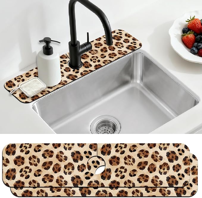2 Pcs Kitchen Sink Splash Guard Faucet Mat Leopard Print Faucet Mat for Sinks Absorbing Drying Mats for Kitchen Bathroom, 23.6x5.5inch by CONCHLERY%E6%97%97%E8%88%B0%E5%BA%97