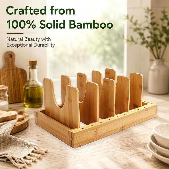 Bamboo Pots and Pans Organizer for Inside Cabinet, Expandable Pot Lid Organizer, Adjustable Kitchen Storage Rack for Lids, Bakeware, Cutting Boards - Image 4
