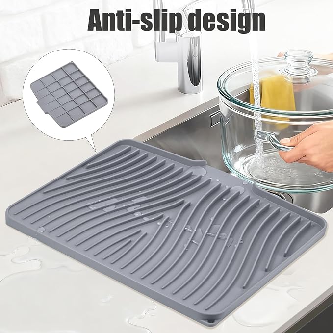 TIKNIK Silicone Dish Drying Mat for Kitchen Counter, Grey-1pcs, 20" x 15" | Heat Resistant & Non-Slip Dish Drain Pad with Built-In Drain, Dishwasher Safe, Quick-Dry, Hangable & Roll-Up for Storage - Image 3