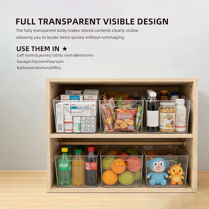 6 Pack Thick Clear Stackable Storage Bins, Cabinet Organizer, Plastiic Containers with Handle for Kitchens, Bathrooms and Fridge and Desktop - Image 4