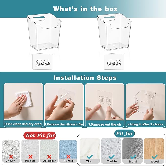 2-Pack Kitchen Cabinet Door Organizer Adhesive, Drink Packet Organizer | Hanging Storage Bins, Stick on Small Wall Storage Container, Clear Bathroom Under Sink Caddy Spice Rack for Pantry Organizer - Image 7