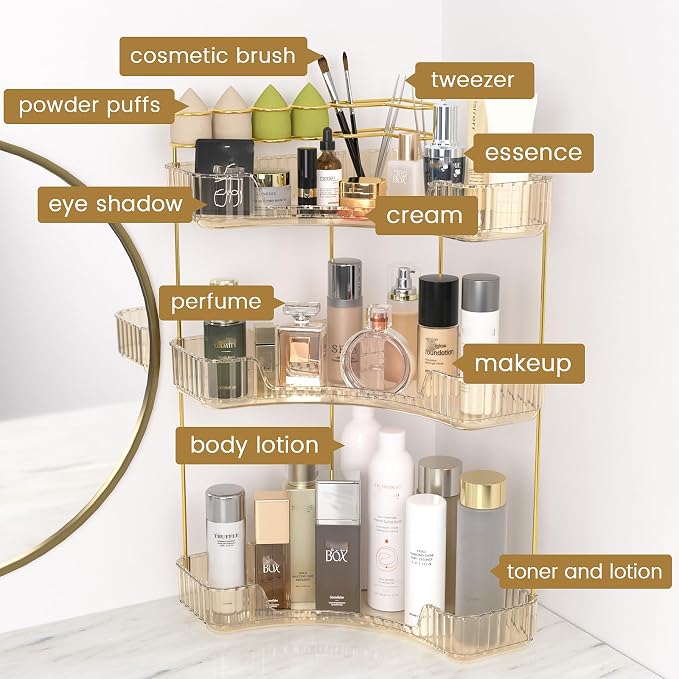 Makeup Organizer 3-Tier Bathroom Counter Organizer with Makeup Brush Holder | Corner Bathroom Organizer Countertop, Acrylic Counter Storage for Bathroom Dresser, Skincare Perfume Organizer- Amber Gold - Image 5