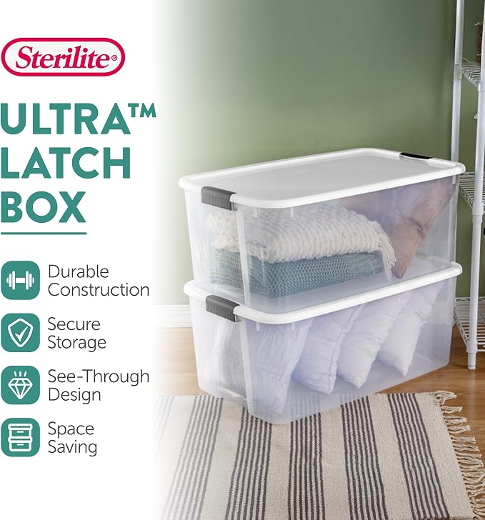 Sterilite 16-Pack Ultra Latching Box, Storage Bins with Lids, Clear Plastic, 116 Quart - Heavy-Duty Organizing Containers for Closet, Bathroom, and Office - Image 2