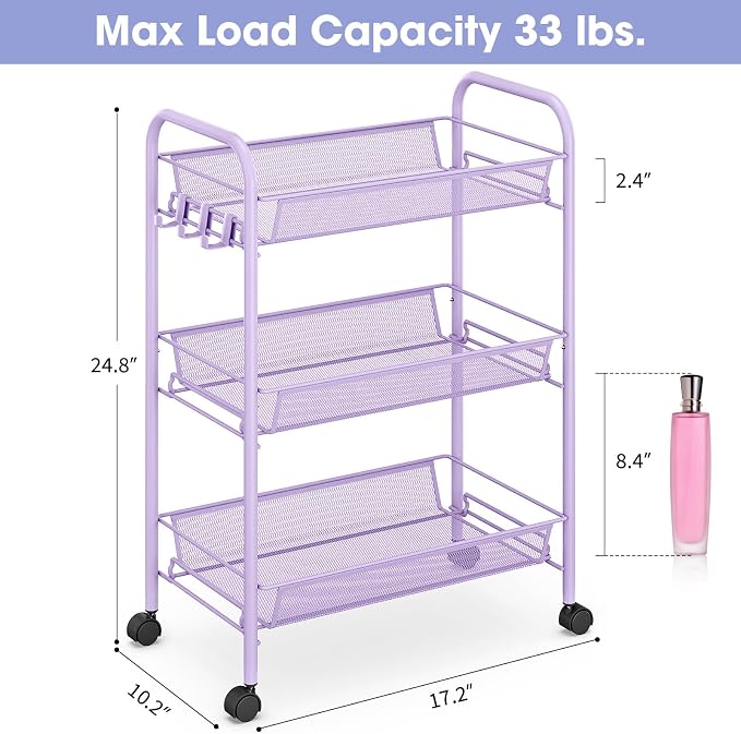 TOOLF 3 Tier Rolling Cart, Metal Utility Storage Cart with Wheels, Purple | 3 Hooks, Screwless Assembly, Trolley Organizer for Bathroom, Kitchen, Office, Nursery, Dorm, Laundry Room - Image 6