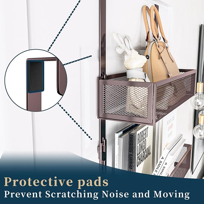 Consumest Over The Door Hooks Organizer - 3 Tier Door Hanger with 9 Coat Hooks & 2 Mesh Basket, Back Storage Organizer Hanging Towels for Bathroom, Bedroom, Bronze - Image 3