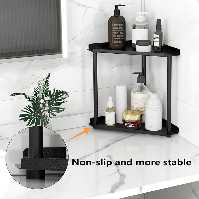 FLE Corner Bathroom Counter Organizer, Bathroom Organizer Countertop Black | 2 Tier Corner Shelf, Tabletop Mount,Waterproof Solid Shelf Fits Bathroom Toiletries and Kitchen Condiment Storage - Image 4