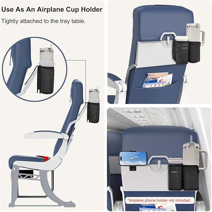 2 in 1 Luggage Cup Holder for Suitcase Airplane Drink Carrier Travel Black | Airplane cup holder|for stanley cup|Hands Free|Coffee Beverage Organizer Gifts for Travelers - Image 2