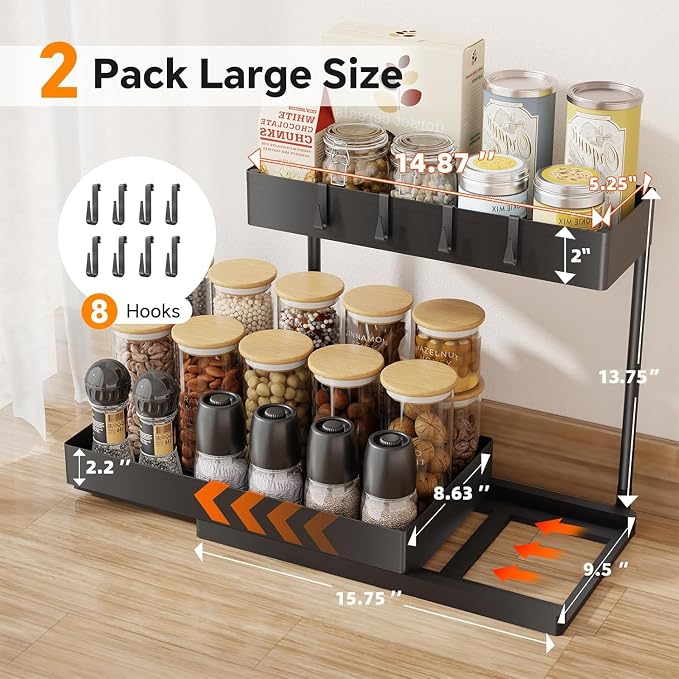 Simple Trending Under Sink Organizer 2 Pack, 2 Tier with Sliding Basket | Multi-Use Cabinet Organizer for Kitchen & Bathroom, Sink Storage Basket with 4 Hooks, L-shape, Easy Assembly, Black - Image 2