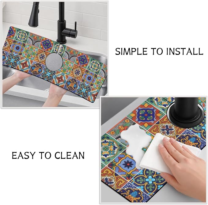 Mexican Ceramic Tile Kitchen Sink Splash Guard Faucet Mat,Faucet Non-slip Absorbent Mat,Farmhouse Sink Splash Guard Behind Faucet for Kitchen Bathroom, 15"x5.5" - Image 4