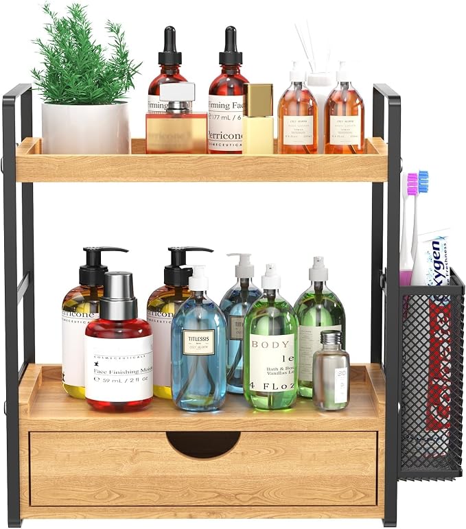 Bathroom Counter Organizer with Drawer and Basket,Wood Countertop Organizer for Bathroom Decor Makeup Tray for Perfume Skincare Bedroom Kitchen Corner by LemikkleDirect