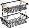2 Tier Fruit Basket for Kitchen Counter with 2 Banana Hangers, Countertop Metal Bread Basket with Wooden Handle, Large Storage Stand for Vegetables, Snacks, Eggs, Produce Storage – Black by Unknown