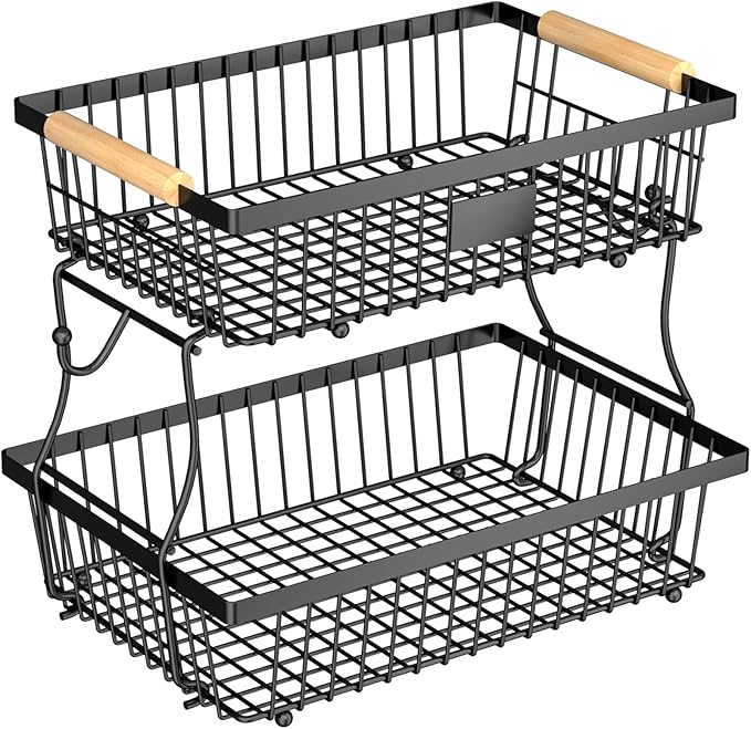 2 Tier Fruit Basket for Kitchen Counter with 2 Banana Hangers, Countertop Metal Bread Basket with Wooden Handle, Large Storage Stand for Vegetables, Snacks, Eggs, Produce Storage – Black by Unknown