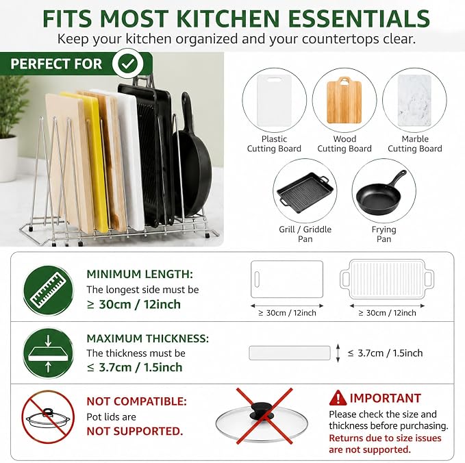 Stainless Steel Cutting Board Holder, 6-Slot Countertop Stand | 304 stainless steel, 6-slot organizer, heavy-duty, fits boards up to 1.4in (3.7cm) thick, not for pot lids - Image 4