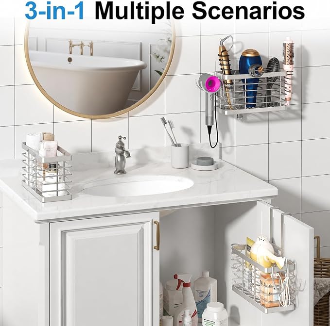 2026 Upgraded 3-in-1 Universal Hair Tool Organizer, L Size, Sliver | Adjustable Height Metal Hair Dryer Holder, Wall Mounted, Over Cabinet Door, Countertop, Bathroom Storage - Image 4