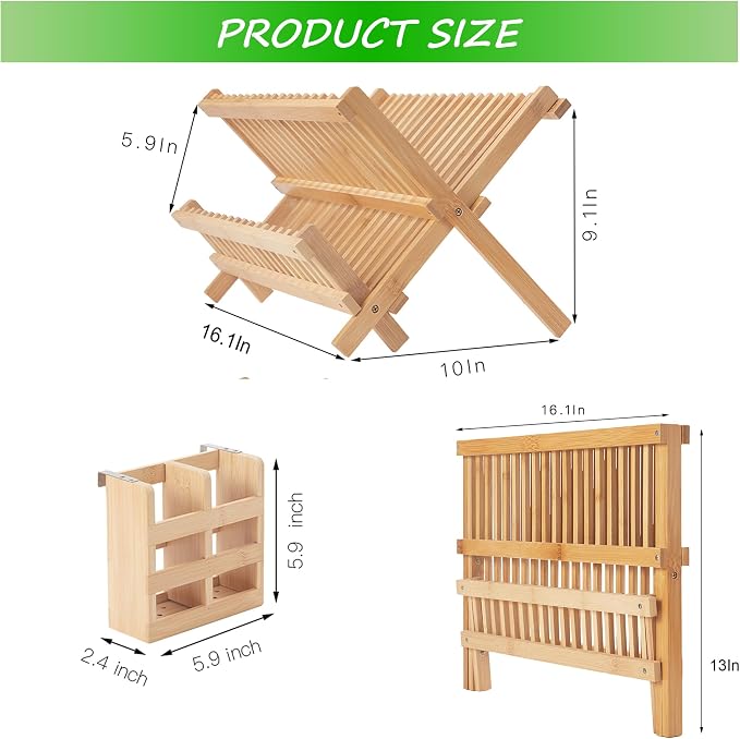 NOVAYEAH Bamboo Dish Drying Rack-2 Tier, Collapsible Small Dish Rack with Utensil Holder, Wooden Drying Rack for Kitchen Counter, Apartment Essentials Kitchen Plate Holder Organization 34 pcs Grid | 2-Tier Collapsible Large Dish Drying Rack Folding Dry... - Image 5