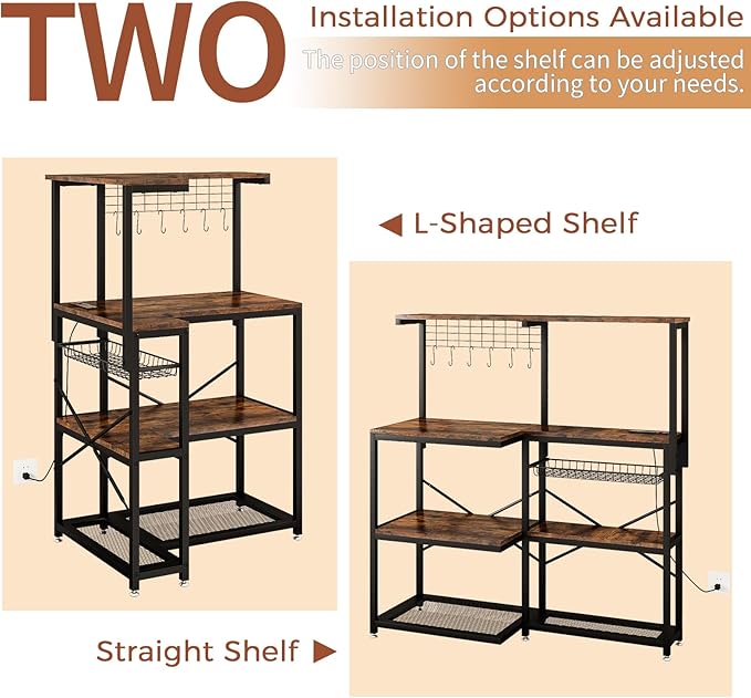 4-Tier L-Shaped Baker's Rack with Power Outlet, Corner Coffee Bar, Brown | Kitchen Appliance Storage, Pull Out Basket, 6 Hooks and Flexible Installation Options for Kitchen, Balcony, Living Room - Image 4