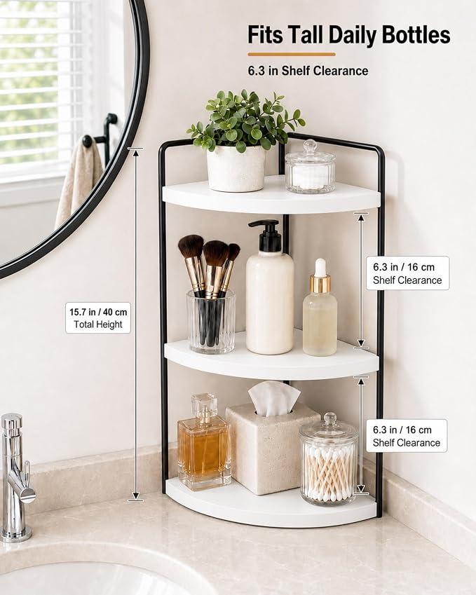 3-Tier Corner Bathroom Counter Organizer, Solid Pine Vanity Shelf, White | Solid pine 3-tier corner shelf with 6.3 in clearance for tall bottles in bathroom, vanity, kitchen, or coffee bar. - Image 3