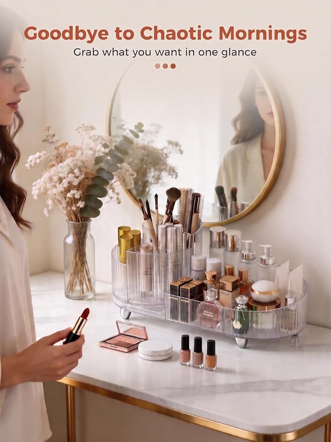 Booklov Rotating Makeup Organizer for Vanity Countertop, Clear | Clear Acrylic Cosmetic Display Case, Large Beauty Brush Holder for Bathroom Counter, Skincare Lipsticks Storage - Image 5