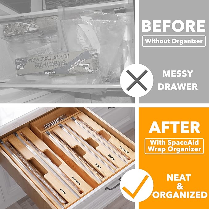 SpaceAid 2 in 1 Long Wrap Dispenser (Need 3" Deep Drawer) with Cutter, Plastic Wrap, Aluminum Foil Dispenser for Kitchen Drawer, Bamboo Roll Organizer Holder, Compatible with 15" Roll - Image 4