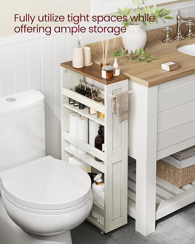 VASAGLE 4-Tier Slide-Out Storage Cart, Slim Kitchen Cart for Small Spaces, with Wheels, Handle, Bathroom, Laundry Room, 5.9 x 17 x 34.1 Inches, Rustic White and Honey Brown ULRC050K01 - Image 5