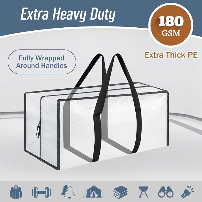 12 Pack Extra Heavy Duty Large Moving Bags with Strong Zipper, White | Comfortable Handles, Sturdy & Durable Clothes Storage Bags Totes Bins, Blue Packing Moving Boxes for College Supplies - Image 2