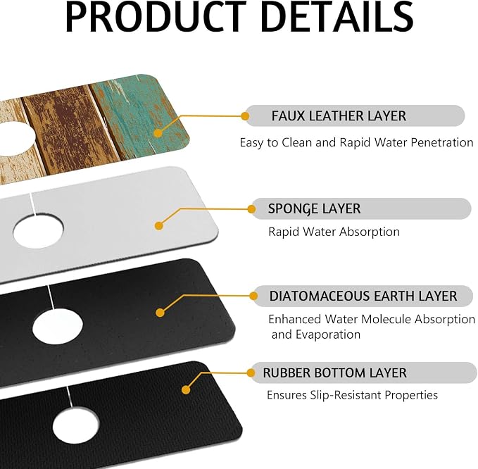 MCALK Wood Pattern Teal Kitchen Sink Faucet Mat Splash Guard, Absorbent Quick-Dry Kitchen Sink Mat - Ideal for Splash Guard & Drip Catching with Farmhouse Art Decor( 1pc 15"x5.5") - Image 3