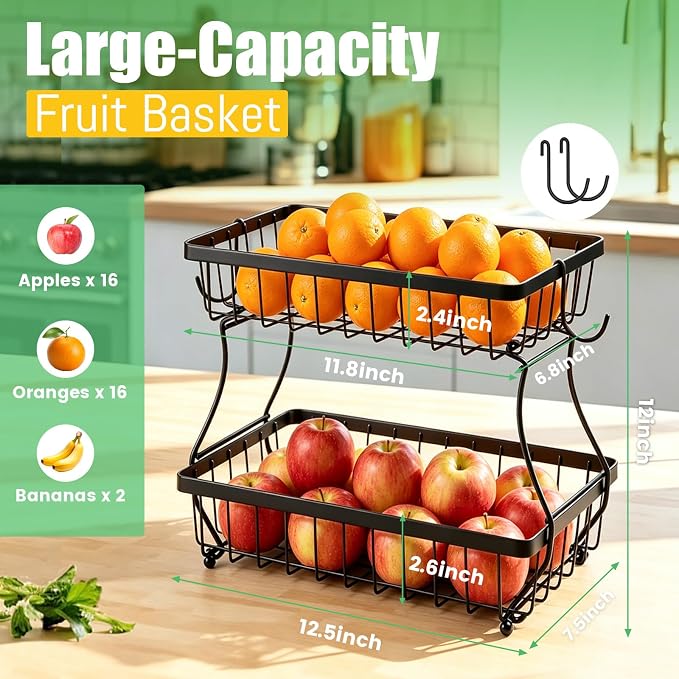2-Tier Fruit Basket for Kitchen Counter with 2 Banana Hangers | Large Metal Fruit Bowl, Versatile Holder for Veggies, Produce Storage, 12.5"×7.5"×12"-Black - Image 2