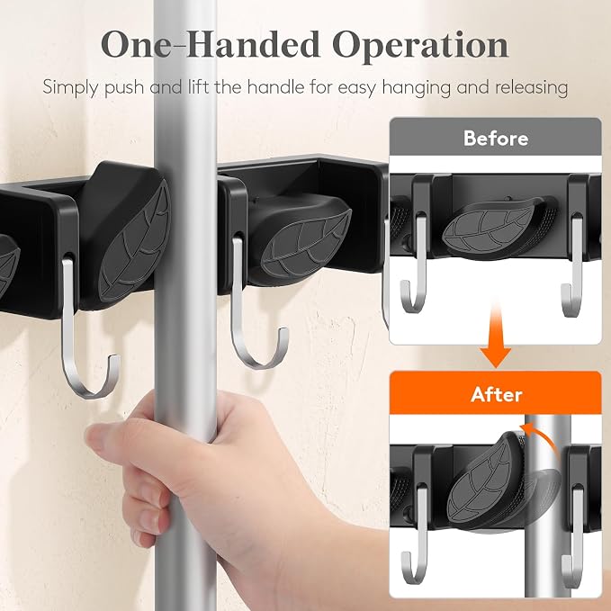 Lifewit Mop and Broom Holder Organzier Wall Mount Non-Slip, 1 Pack, Black | Easy Install One Handed Push Cleaning Tool Hanger with 6 Hooks 5 Slots, Heavy Duty Hanging Utility Rack for Garden, Garage - Image 3