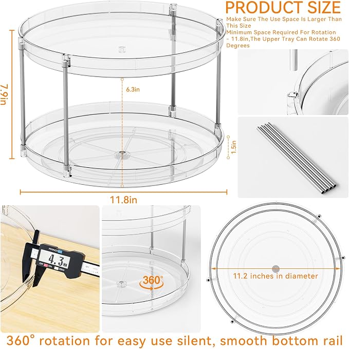 2 Tier Lazy Susan Turntable for Cabinet,Countertop,Pantry,12"W Spinning Seasoning Organizer,Double Rotating Kitchen Spice Rack Organizer and Condiments,Medicine,Vitamin Bottle Organizer Carousels,1Pc - Image 3
