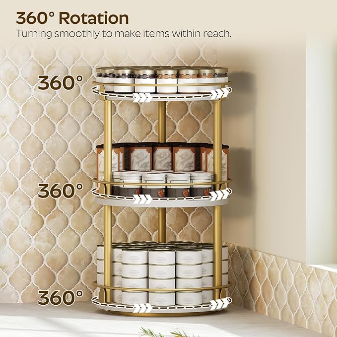 3-Tier Lazy Susan, Rotating Spice Rack, Spinning Organizer, Industrial Turntable Spice Rack for Cabinet, Kitchen Countertop, Pantry, White and Gold SR23DW - Image 2