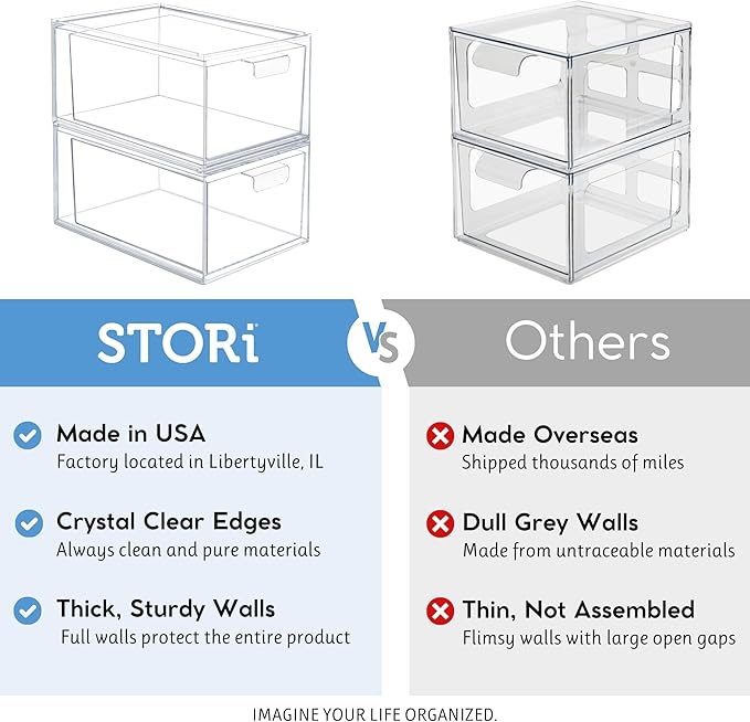 STORi Audrey Stackable Clear Bin Plastic Organizer Drawers | 2 Piece Set | Organize Cosmetics and Beauty Supplies on a Vanity | Made in USA (Pack of 3) - Image 5