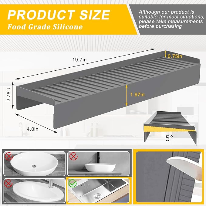 Kitlers Silicone Edge Protectors - Multifunction Sink Accessories, Splash Guard & Draining Mat for Kitchen, Bathroom Sink, Steel, Granite, Quartz Countertops(Gray) - Image 3