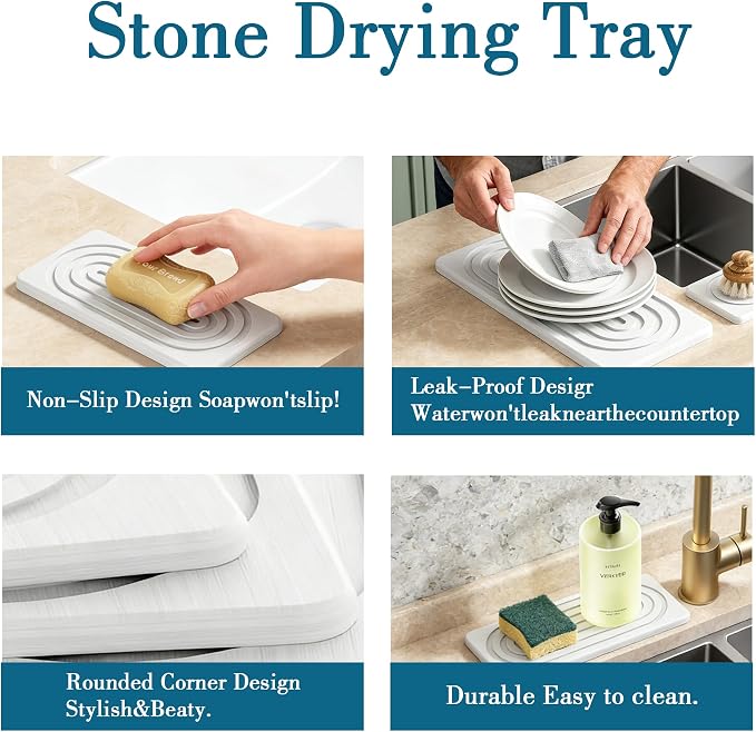 2 PCS Water Absorbing Stone Tray for Sink, Quick Drying Diatomite Bathroom Tray Countertop, Stone Drying Mat for Kitchen Counter Faucet, Soap Dish Dispenser Vanity Organizer, White-A-8.3" x 4" - Image 5