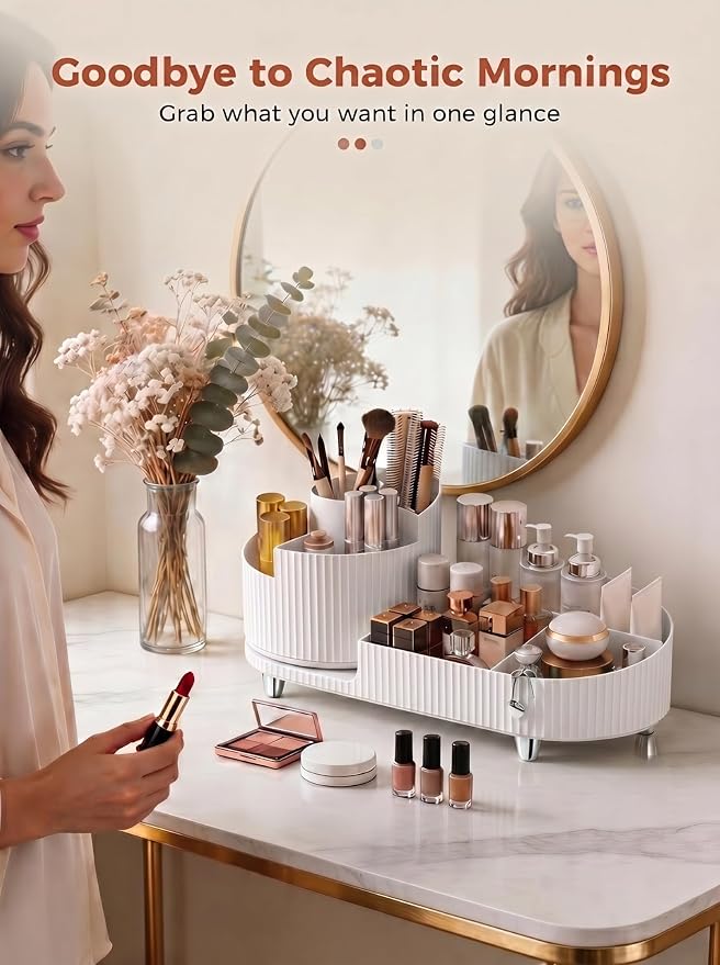Booklov Rotating Makeup Organizer for Vanity Countertop, White | Plastic Cosmetic Display Case, Large Beauty Brush Holder for Bathroom Counter, Skin Care Perfumes Storage - Image 5
