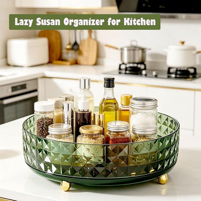 Makeup Perfume Organizer, 9 Inch /23cm 360 Degree Rotating Skincare Organizer, Cosmetics Organizer for Dresser Bathroom Bedroom Countertop Kitchen Pantry Cabinet Vanity Tray Refrigerator, Dark Green - Image 5