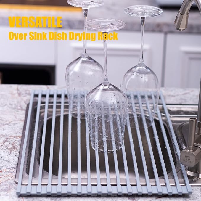 Roll Up Dish Drying Rack,Silicone-Coated Steel,16.9 x12.2 in | Over-sink rack,18 silicone-coated stainless steel rods,44lb capacity,450°F heat resistance,roll-up storage - Image 3