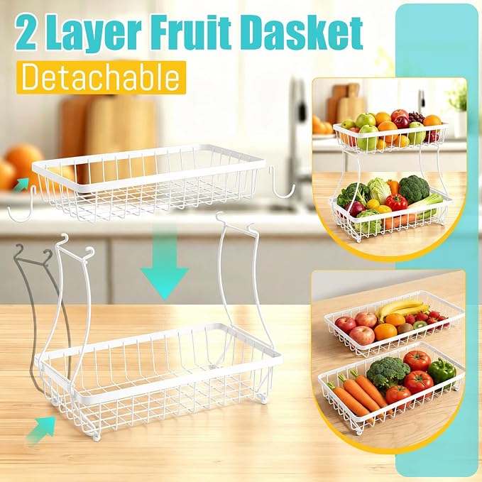 2-Tier Fruit Basket for Kitchen Counter with 2 Banana Hangers | Large Metal Fruit Bowl, Versatile Holder for Veggies, Produce Storage, 12.5"×7.5"×12"-White - Image 3