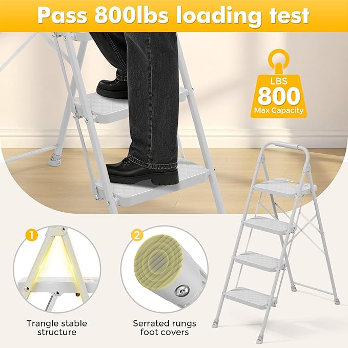 KINGRACK 4 Step Ladder, Folding Step Stool with Safety Lock & Sturdy Anti-Slip Pedals, Pass 800lbs Load Testing, Lightweight, Portable Steel Ladder with Handrails for Home, Kitchen, Garage, Office - Image 4