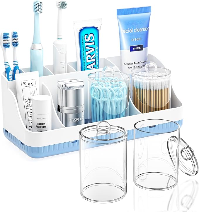Bathroom Counter Organizer and Storage with 2 Pack Qtip Holder Dispenser, 7 Slots Detachable Toothbrush Holders for Bathrooms, Anti-Slip Electric Toothbrush and Toothpaste Holder Countertop by Homtalker