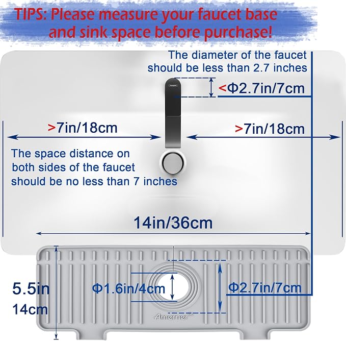 Amerner Kitchen Sink Splash Guard, Silicone Faucet Guard & Draining Mat, 10° Large Slope Sink Faucet Mat Splash Guard, Bathroom Sink Organizer, Kitchen Sink Accessories Gadgets, 14.2” x 5.1”, Gray - Image 2