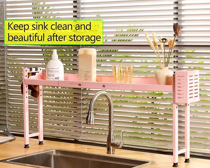 Horynar Stove Top Shelf with Extra Basket and Hooks Pink | Spice Rack Organizer Adjustable 27 to 32 Inches Over the Sink Spice Rack for Countertop (Pink) - Image 3