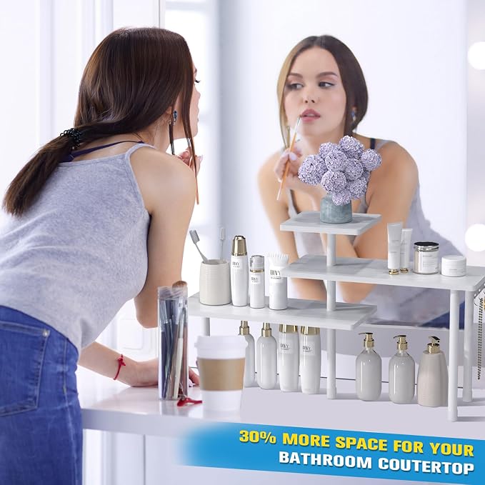 JayRex 3-Tier Bathroom Countertop Corner Shelf Organizer, White | Space-saving corner design organizes spices, skincare and toiletries on kitchen and bathroom counters. - Image 3