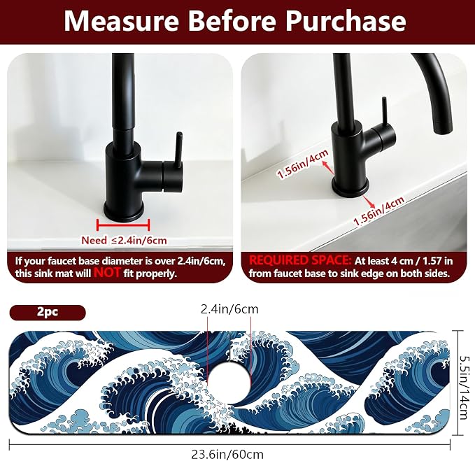 2 Pcs The Ocean Kitchen Sink Splash Guard Faucet Mat The Waves Faucet Mat for Sinks Absorbing Drying Mats for Kitchen Bathroom, 23.6x5.5inch - Image 2