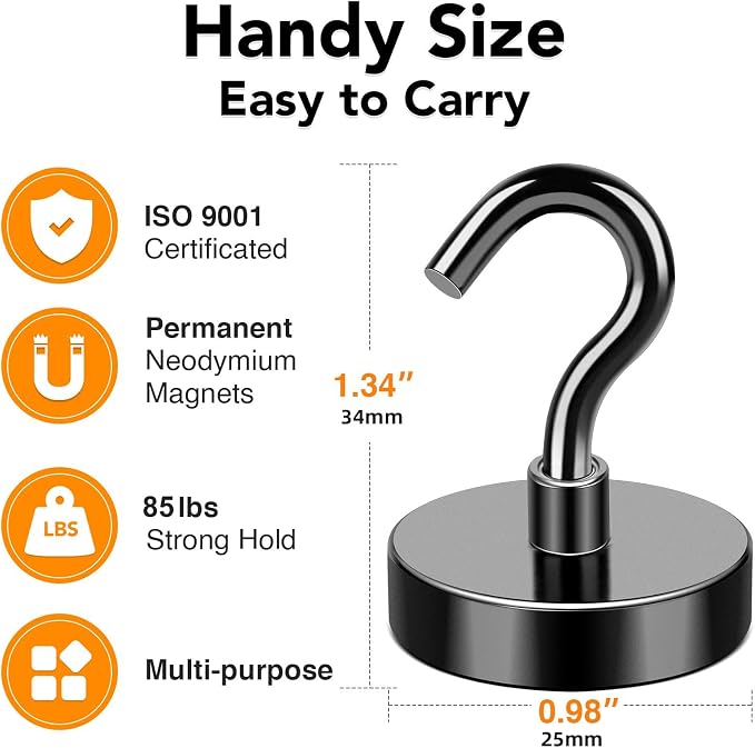 Magnetic Hooks 85Lbs Heavy Duty Magnets with Hook for Cruise Cabin | Strong Magnet Hooks for Hanging Super Metal Magnetic Hanger for Grill Fridge Kitchen Pack of 6 Black - Image 4